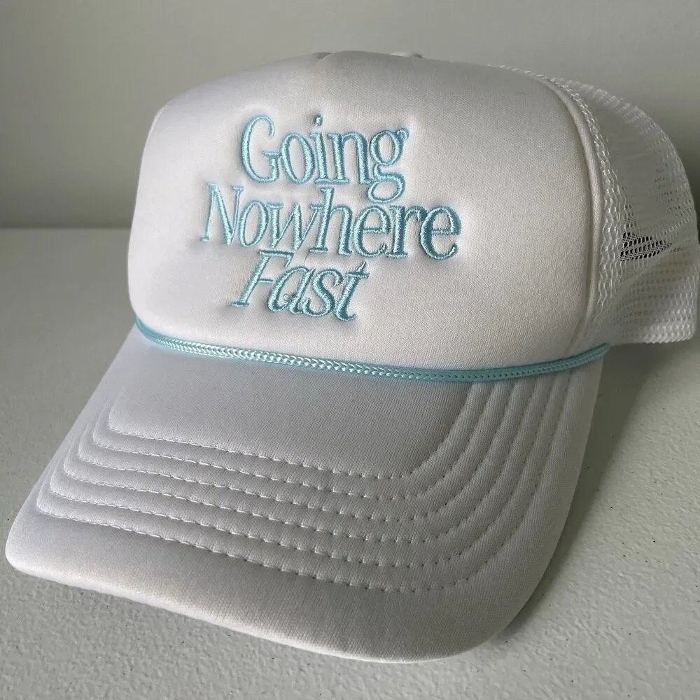 'Going Nowhere Fast' Snapback Baseball Hat Cap White Blue Unisex One Size